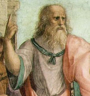 Plato (detail of The School of Athens by Raphael), believed to be based on Leonardo's likeness. The pointing finger was a noted feature of Leonardo