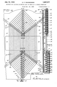The multiple cutting bands in Rohwedder's 1928 slicer are shown in this diagram from his patent.