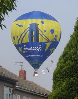 A hot air balloon over Bristol, England, about two minutes from landing.
