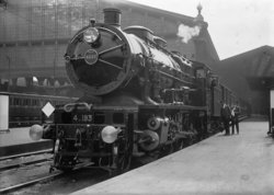 A steam locomotive at the , Paris, France, in 1930