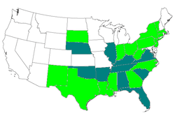 Usage of the electric chair throughout the United States. States that currently employ the electric chair are colored teal. States that historically used it are green. Hawaii and Alaska are not shown, but neither historically used nor currently uses the electric chair.