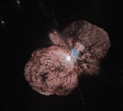 The massive rapidly aging star Eta Carinae throws off a giant cloud of gas, forming a planetary nebula.