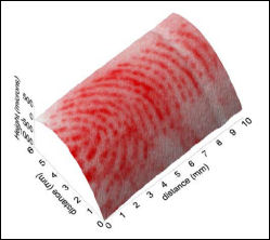 Scanning Kelvin Probe scan of the the same casing with the fingerprint clearly detected. The Kelvin probe can easily cope with the 3D curvature of the bullet casing increasing the versatility of the technique.