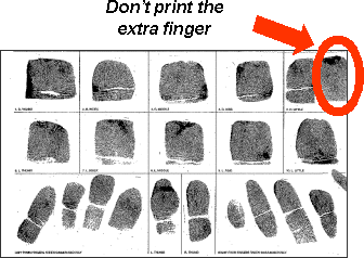 Fingerprint card notating not to print extra finger