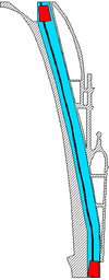 Sketch of the elevator at the new city hall, Hannover, Germany,  showing the cabin both at the bottom and the top