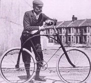 Bicycle in Victorian Plymouth, with a predecessor of the Starley diamond-frame