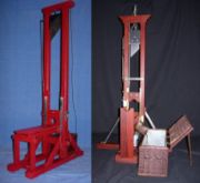 Historic replicas (1:6 scale) of the two main types of French guillotines: Model 1792, left, and Model 1872 (state as of 1907), right