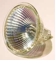 Halogen light bulb capsule (center) with an integrated . This integrated design is referred to as an "MR16" package (Miniature Reflector, 16 eighths of an inch in diameter). A permanently-integrated UV filter is frequently included.