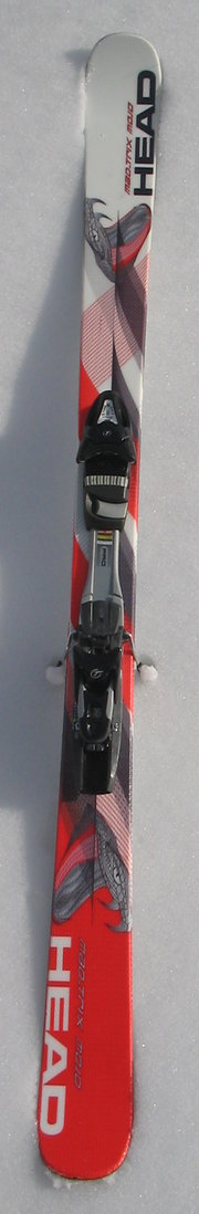 A twin-tip shaped downhill ski.
