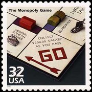 This USPS stamp honors Monopoly's first commercial promotion in the 1930s