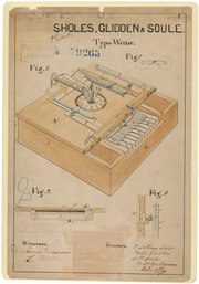 1868 patent drawing for the typewriter invented by Christopher L. Sholes, Carlos Glidden, and J. W. Soule.