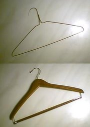 Wire (top) and wooden (bottom) clothes hangers
