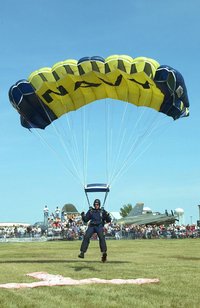 A U.S. NAVY display jumper landing 'square' ram-air parachute