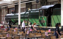 Hagley Hall steam locmotive on display in the restaurant area of the McArthur Glen Shopping Centre, Swindon, England