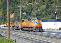 Twin diesel-electric locomotives of the Union Pacific refueling at Dunsmuir, California
