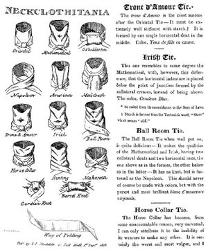Necktie fashions have changed over time.  This 1818 pamphlet depicts various styles of tying a cravat.