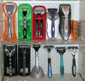 Collection of Modern Safety Razors - Gillette Fusion Power, Gillette M3Power, Mach3 Turbo, Schick Quattro Chrome, Schick Quattro Power, Gillette Mach3, Gillette Sensor, Schick Xtreme3, Schick Xtreme SubZero, and Schick Xtreme3 Disposables
