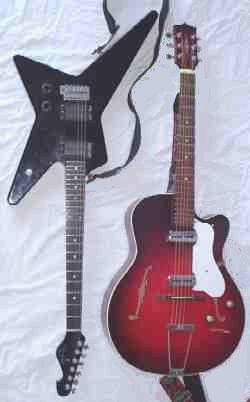 Left: Rosa Hurricane, a heavy metal-style solid-body guitar.Right: Maton Freshman, a hollow-body guitar.