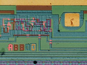  image of an integrated circuit showing defects in the  layer deposition.