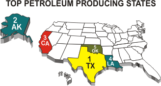 Map of the states, identifying the top petroleum producing states.