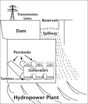 Image of how a hydropower plant works.
<p>The water flows from behind the dam through penstocks, turns the turbines, and causes the generators to generate electricity.
The electricity is carried to users by a transmission line.
Other water flows from behind the dam over spillways and into the river below.