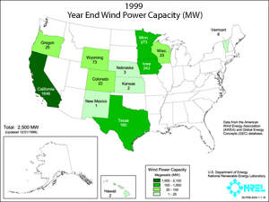 An animation of the United States showing how the installed wind capacity has increased from 1999 to 2007. Click on this installed capacity map to view a larger version.