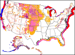 A wind resource map of the United States. Click on this map to go to more wind maps.