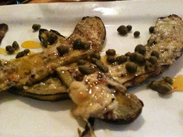 grilled eggplant with capers, honey,manchego cheese